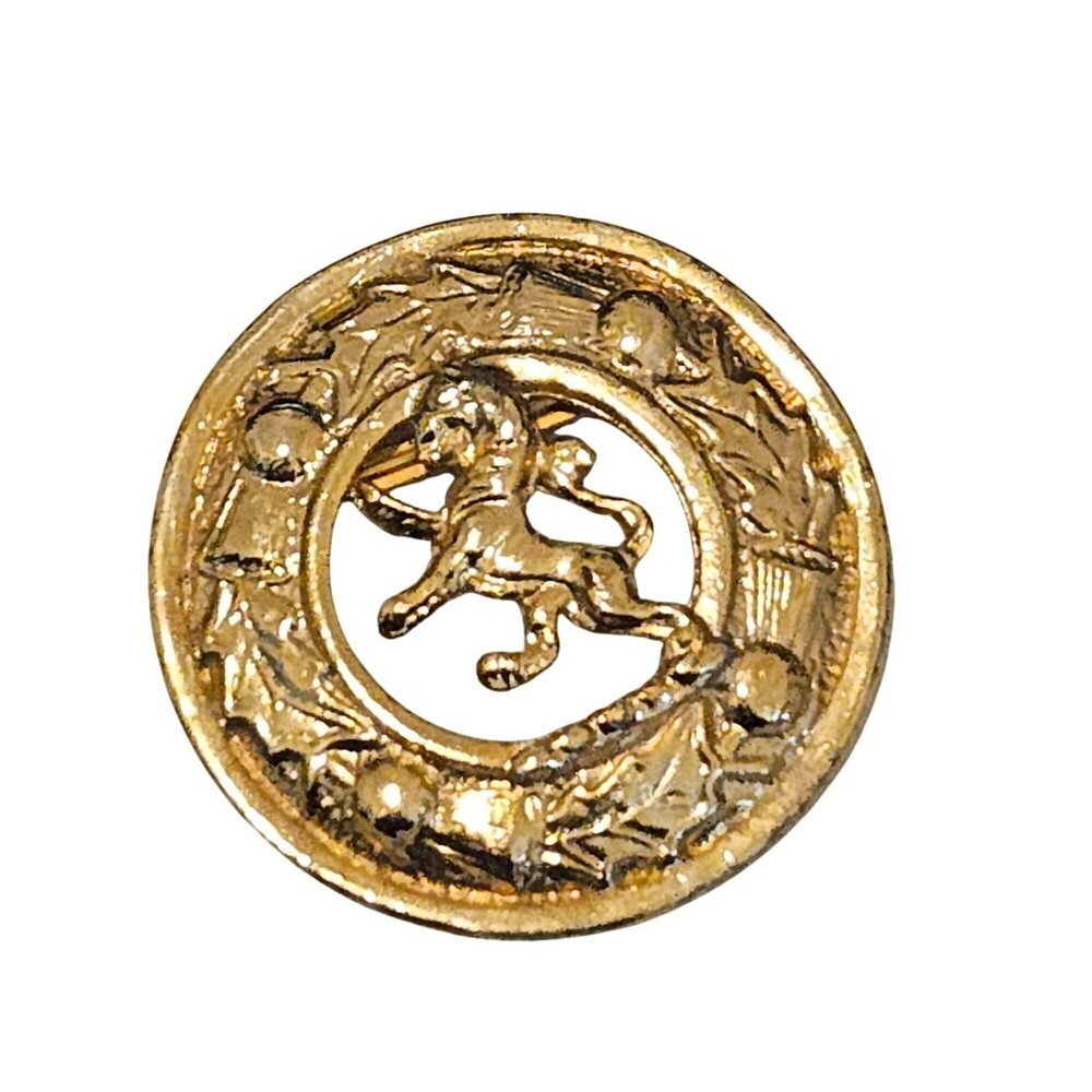 Scottish Lion Crest & Thistle Wreath Kilt Vintage Gold Tone Brooch